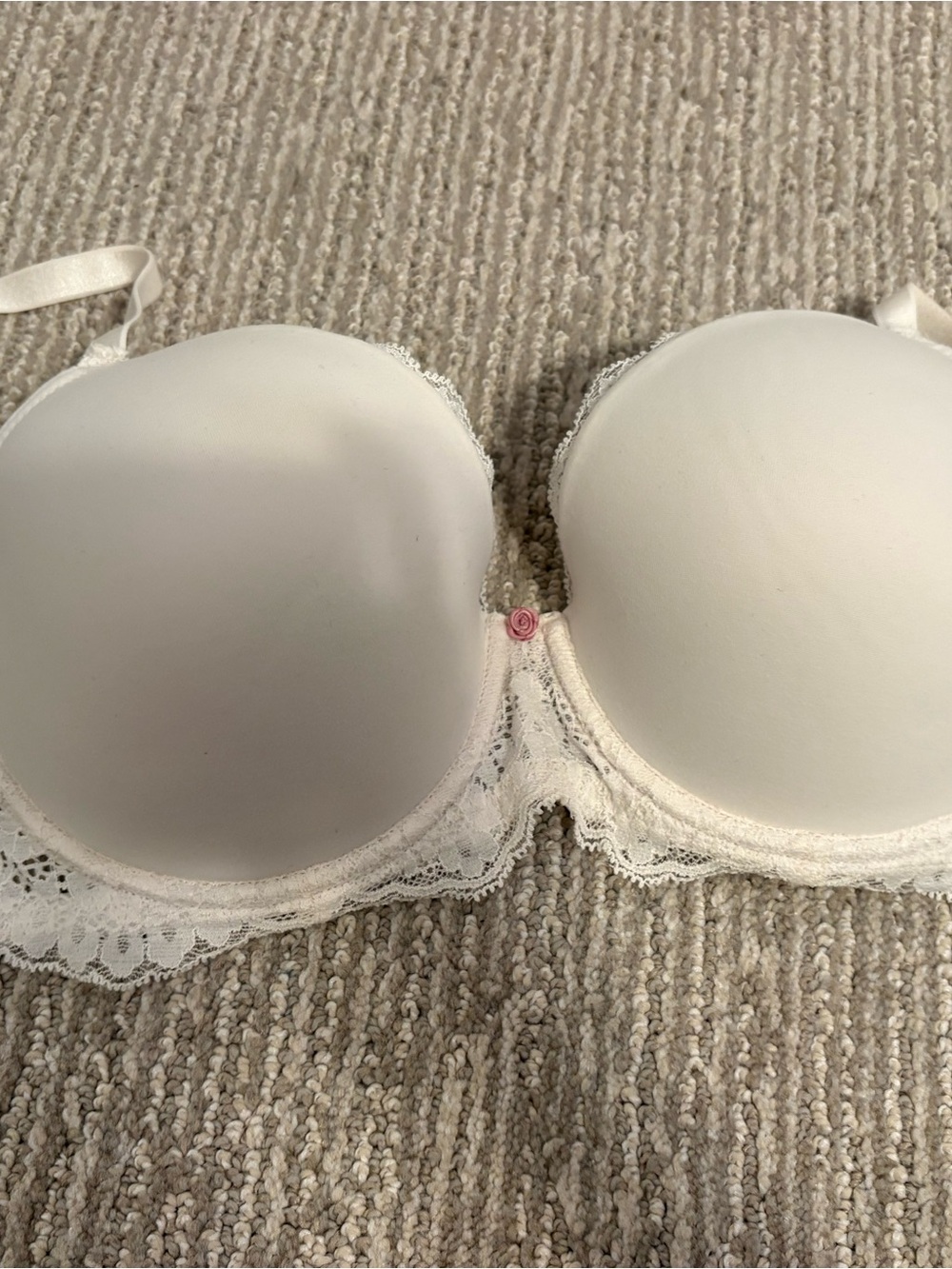 Victoria's Secret White Lace-Trim Padded Strapless Bra with Pink Rose Accent